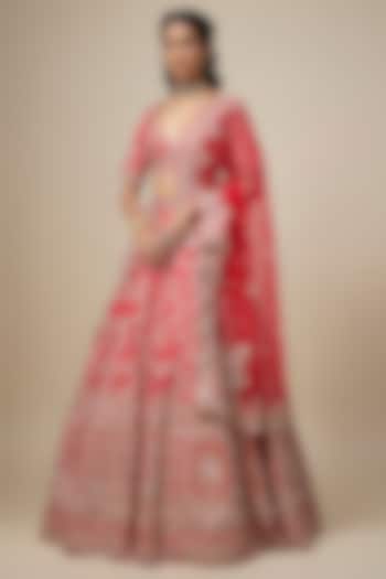 Red Raw Silk Zari Hand Embroidered Bridal Lehenga Set by Kalighata at Pernia's Pop Up Shop