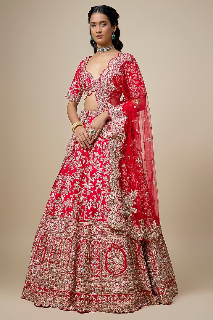 Red Raw Silk Zari Hand Embroidered Bridal Lehenga Set by Kalighata at Pernia's Pop Up Shop