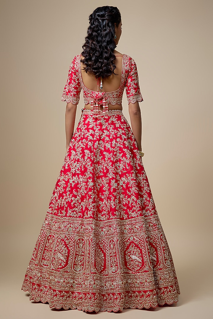Red Raw Silk Zari Hand Embroidered Bridal Lehenga Set by Kalighata at Pernia's Pop Up Shop