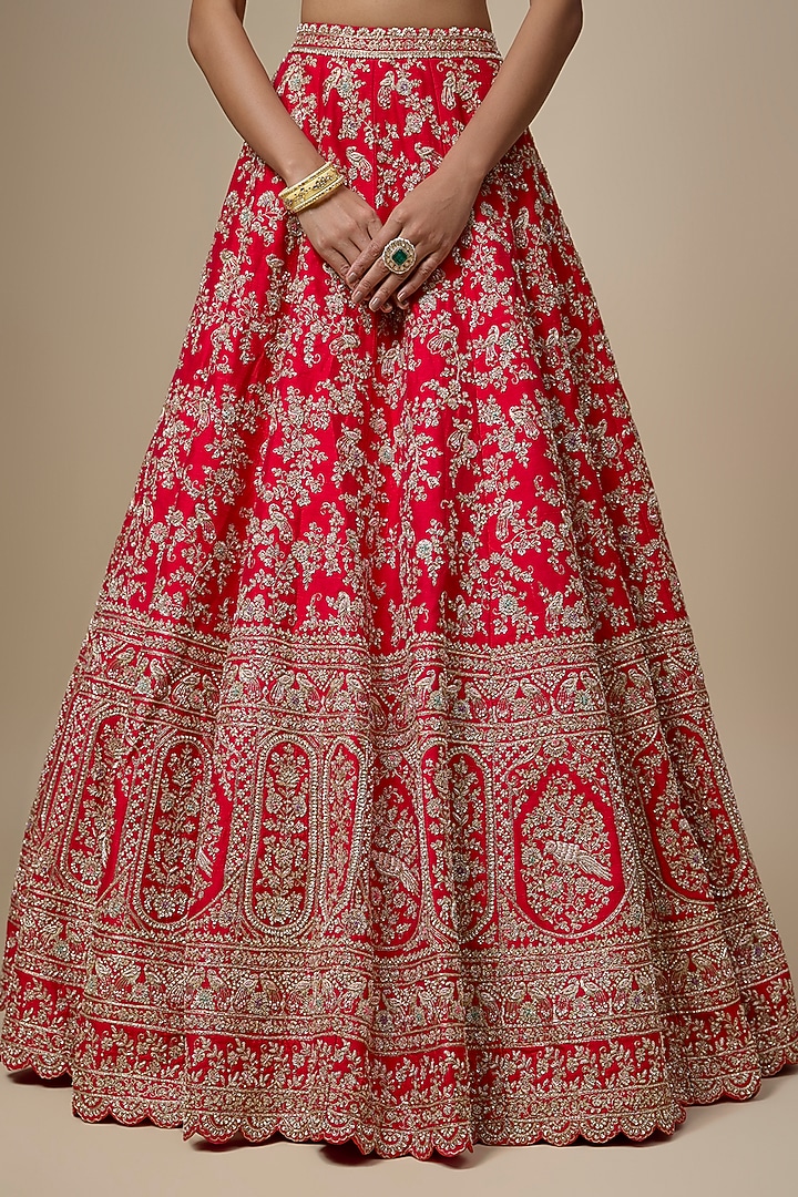 Red Raw Silk Zari Hand Embroidered Bridal Lehenga Set by Kalighata at Pernia's Pop Up Shop