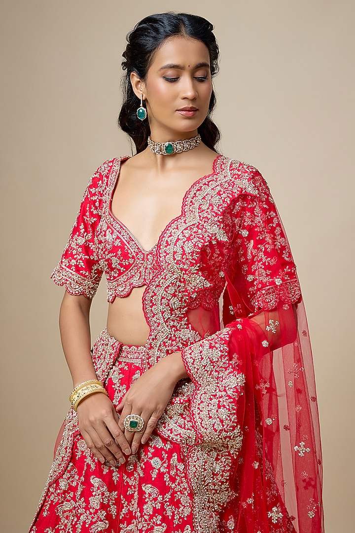 Red Raw Silk Zari Hand Embroidered Bridal Lehenga Set by Kalighata at Pernia's Pop Up Shop