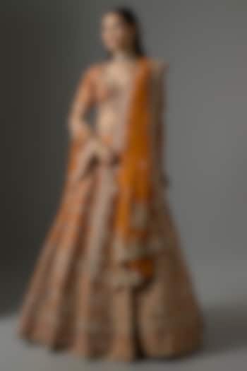 Rust Raw Silk Zari Hand & Machine Embroidered Bridal Lehenga Set by Kalighata at Pernia's Pop Up Shop