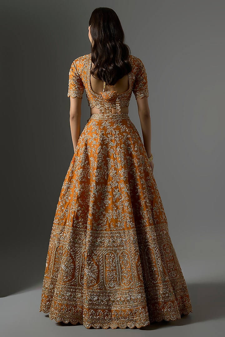 Rust Raw Silk Zari Hand & Machine Embroidered Bridal Lehenga Set by Kalighata at Pernia's Pop Up Shop