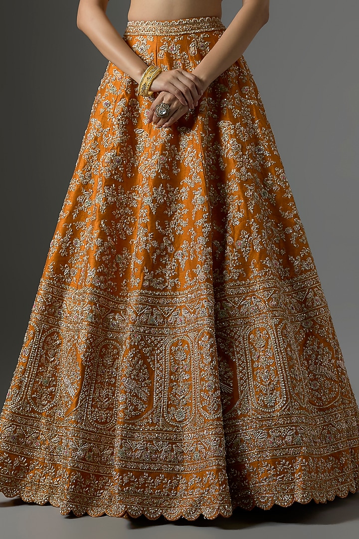 Rust Raw Silk Zari Hand & Machine Embroidered Bridal Lehenga Set by Kalighata at Pernia's Pop Up Shop