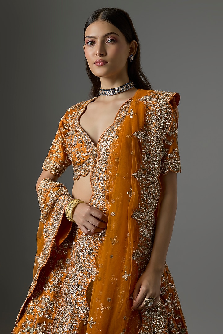 Rust Raw Silk Zari Hand & Machine Embroidered Bridal Lehenga Set by Kalighata at Pernia's Pop Up Shop