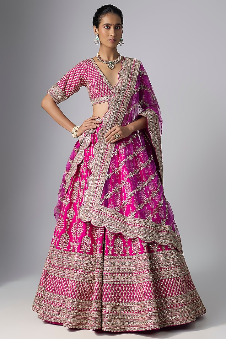 Rani Pink Raw Silk Bridal Lehenga Set by Kalighata at Pernia's Pop Up Shop