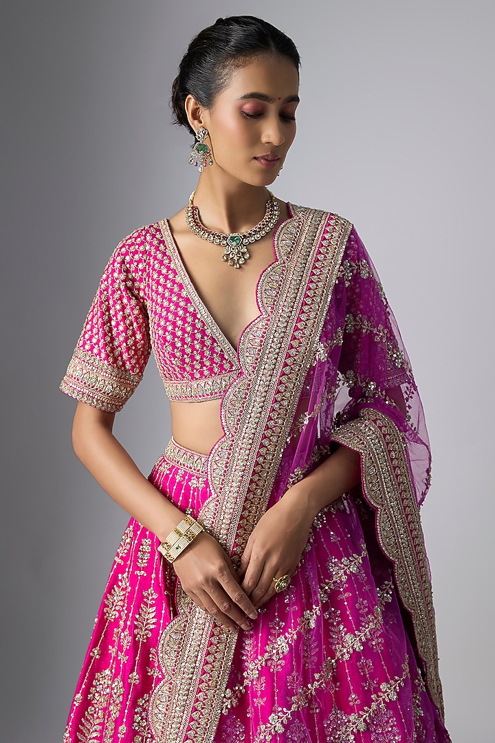 Rani Pink Raw Silk Bridal Lehenga Set by Kalighata at Pernia's Pop Up Shop