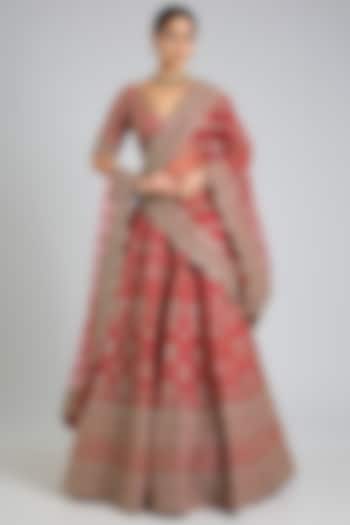 Red Raw Silk Hand & Machine Embroidered Bridal Lehenga Set by Kalighata at Pernia's Pop Up Shop