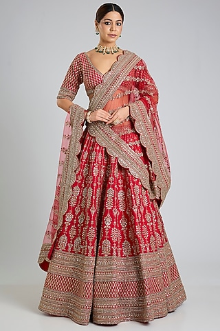 Red Raw Silk Hand & Machine Embroidered Lehenga Set by Kalighata