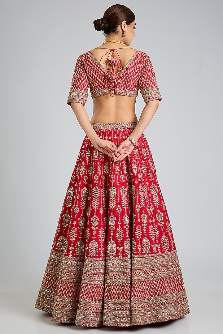Red Raw Silk Hand & Machine Embroidered Bridal Lehenga Set by Kalighata at Pernia's Pop Up Shop