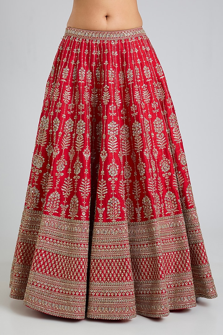 Red Raw Silk Hand & Machine Embroidered Bridal Lehenga Set by Kalighata at Pernia's Pop Up Shop