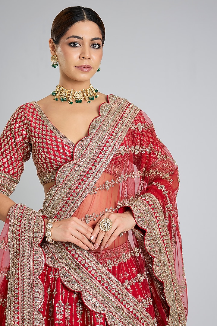Red Raw Silk Hand & Machine Embroidered Bridal Lehenga Set by Kalighata at Pernia's Pop Up Shop
