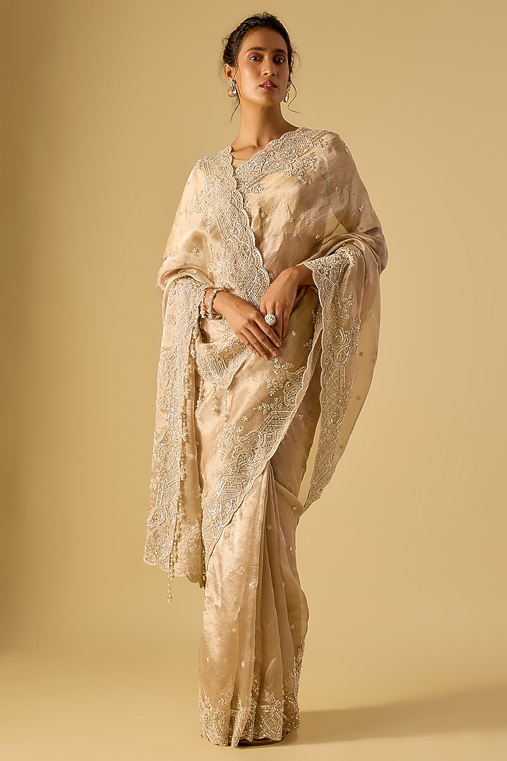 Gold Tissue Hand & Machine Embroidered Reception Saree by Kalighata at Pernia's Pop Up Shop