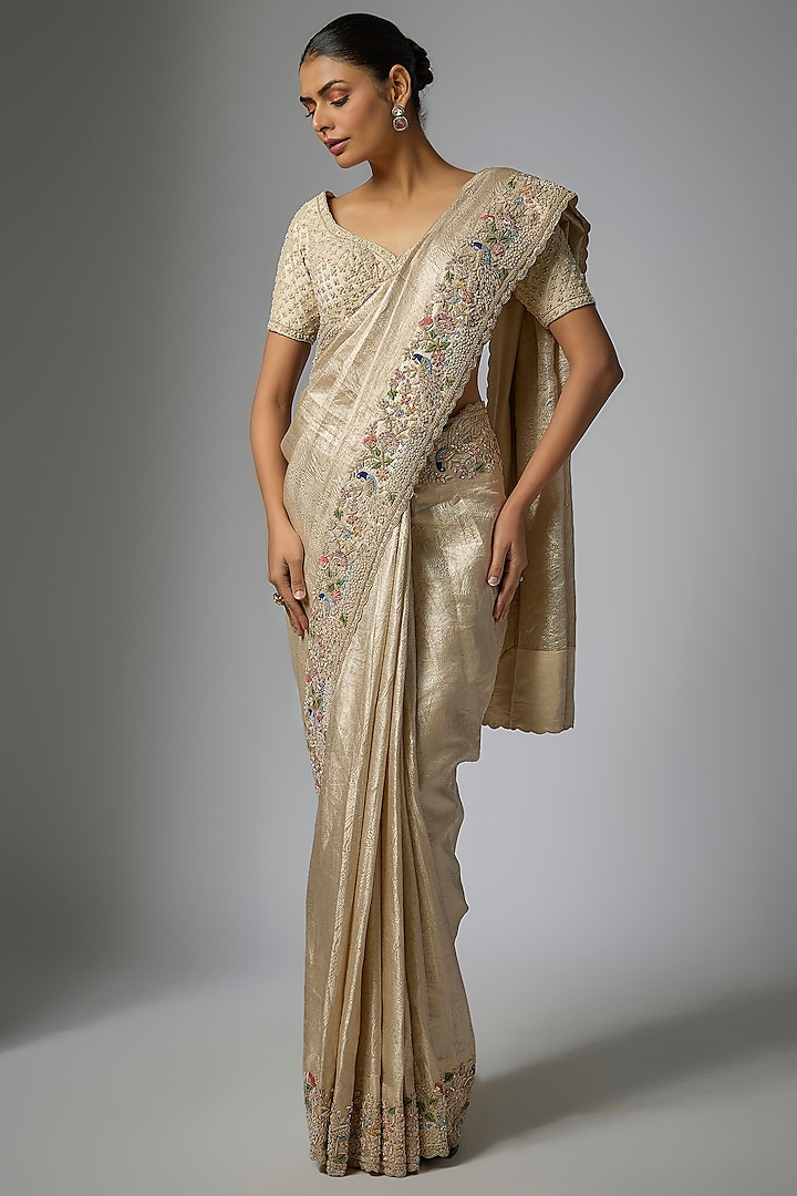 Gold Banarasi Machine Embroidered Bridal Saree Set by Kalighata at Pernia's Pop Up Shop