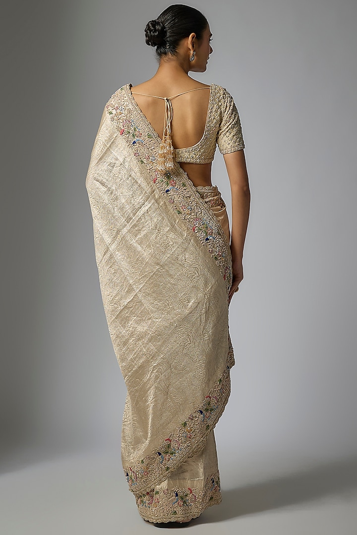 Gold Banarasi Machine Embroidered Bridal Saree Set by Kalighata at Pernia's Pop Up Shop