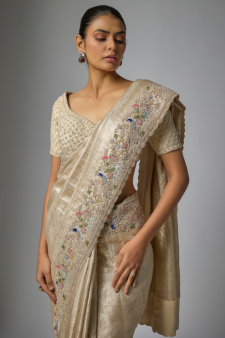 Gold Banarasi Machine Embroidered Bridal Saree Set by Kalighata at Pernia's Pop Up Shop