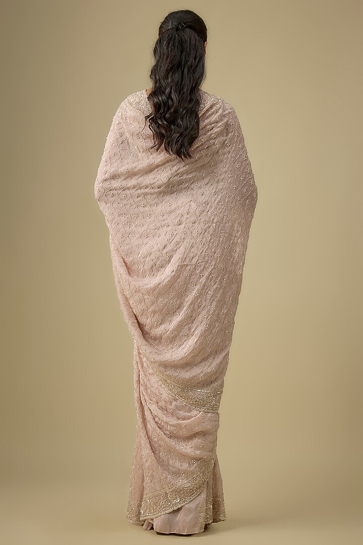 Peach Tissue Hand & Machine Embroidered Reception Saree Set by Kalighata at Pernia's Pop Up Shop
