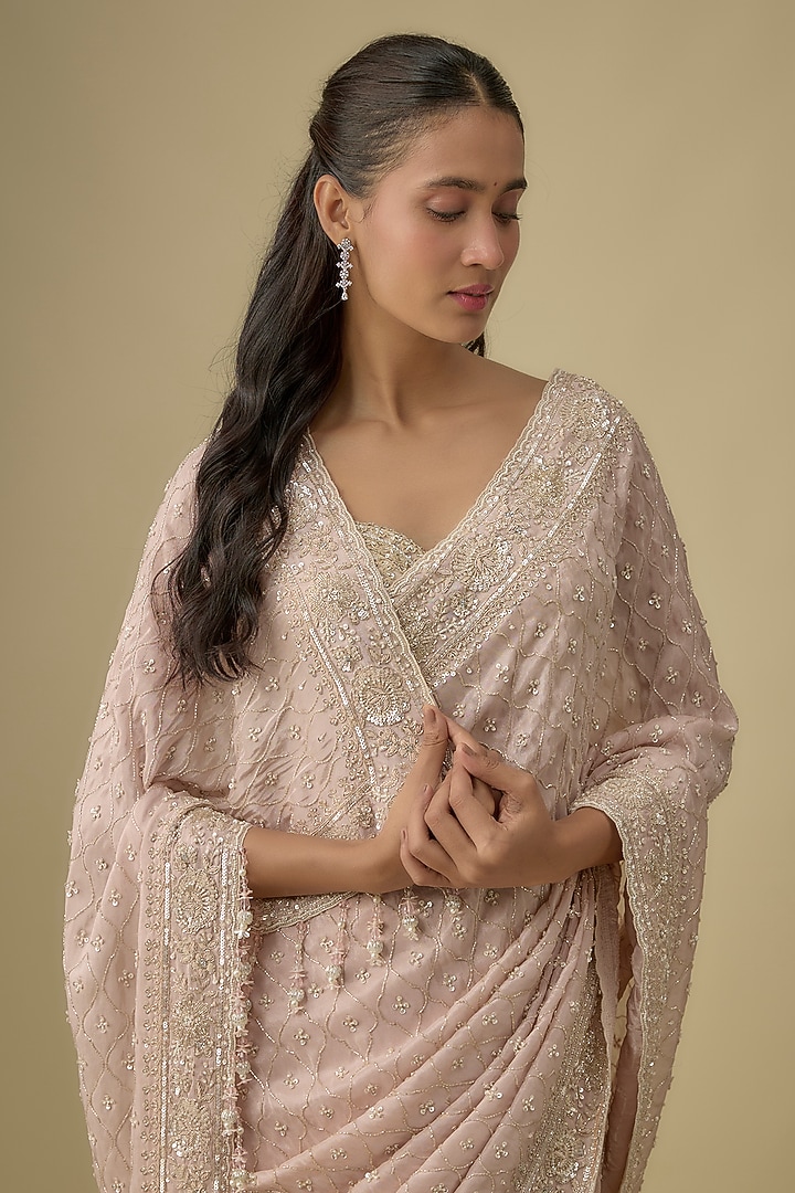 Peach Tissue Hand & Machine Embroidered Reception Saree Set by Kalighata at Pernia's Pop Up Shop