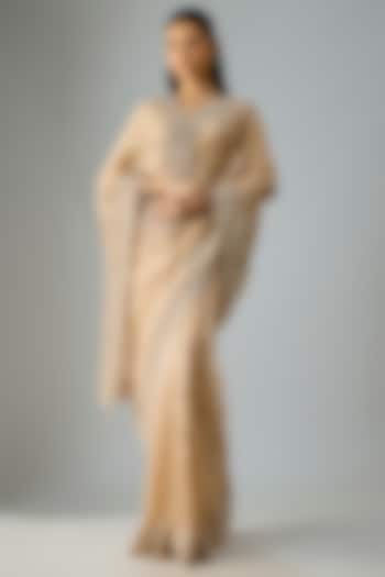 Gold Satin Silk Threadwork Handloom Reception Saree Set by Kalighata at Pernia's Pop Up Shop