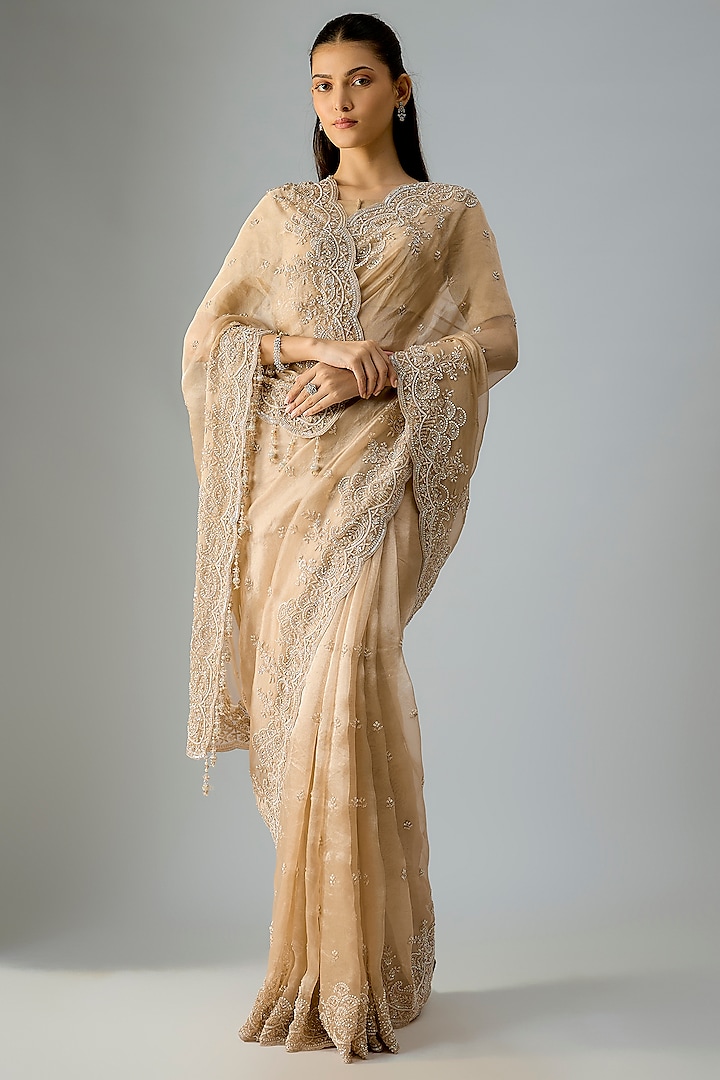 Gold Satin Silk Threadwork Handloom Reception Saree Set by Kalighata at Pernia's Pop Up Shop