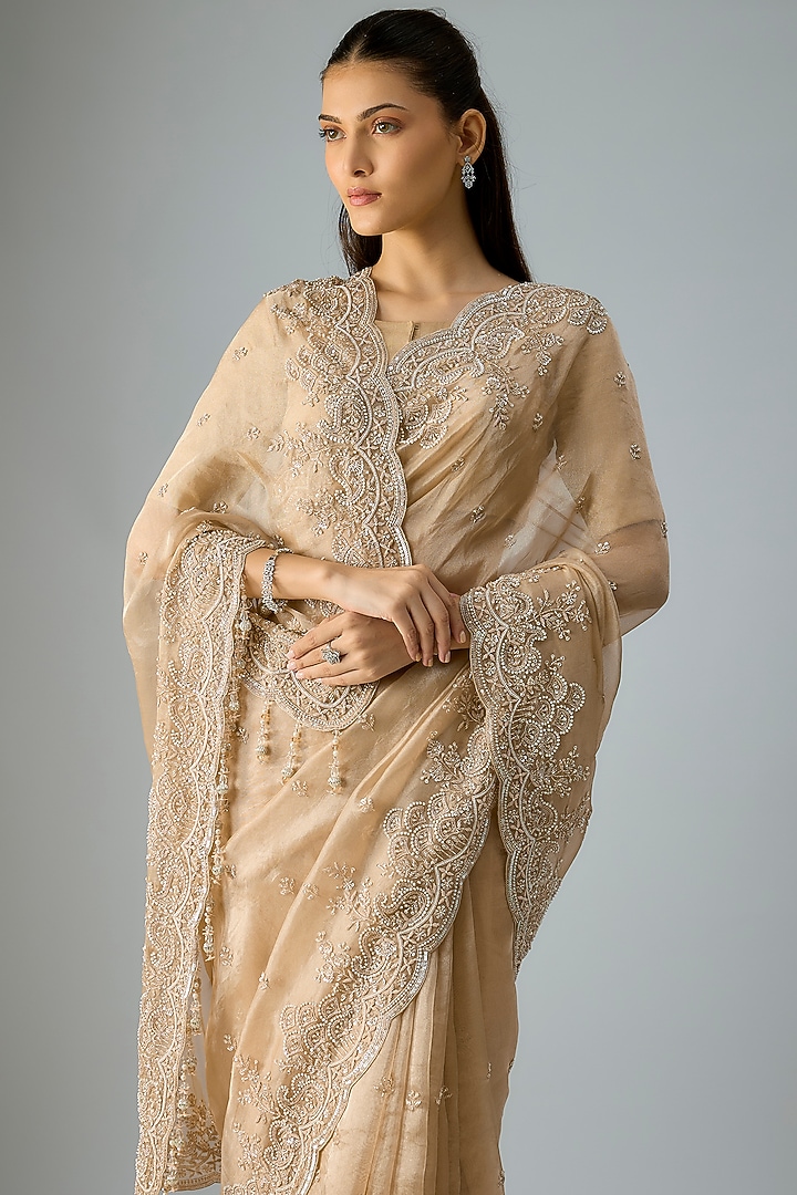 Gold Satin Silk Threadwork Handloom Reception Saree Set by Kalighata at Pernia's Pop Up Shop