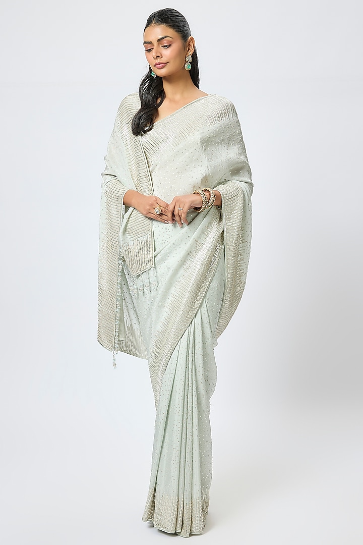 Aqua Tissue Hand & Machine Embroidered Wedding Saree Set by Kalighata at Pernia's Pop Up Shop
