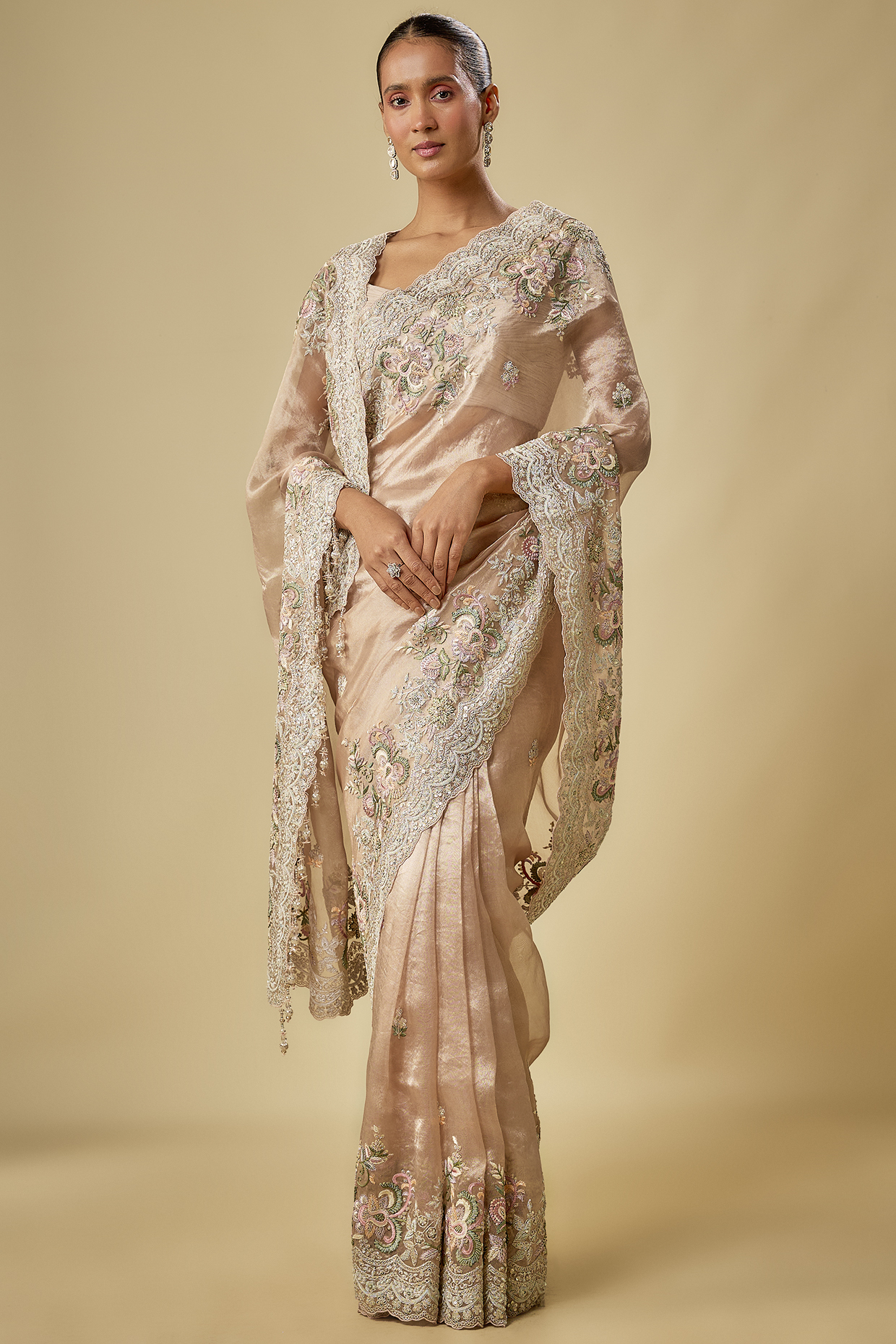 Peach Tissue Resham & Sequins Embroidered Reception Saree Set by Kalighata at Pernia's Pop Up Shop