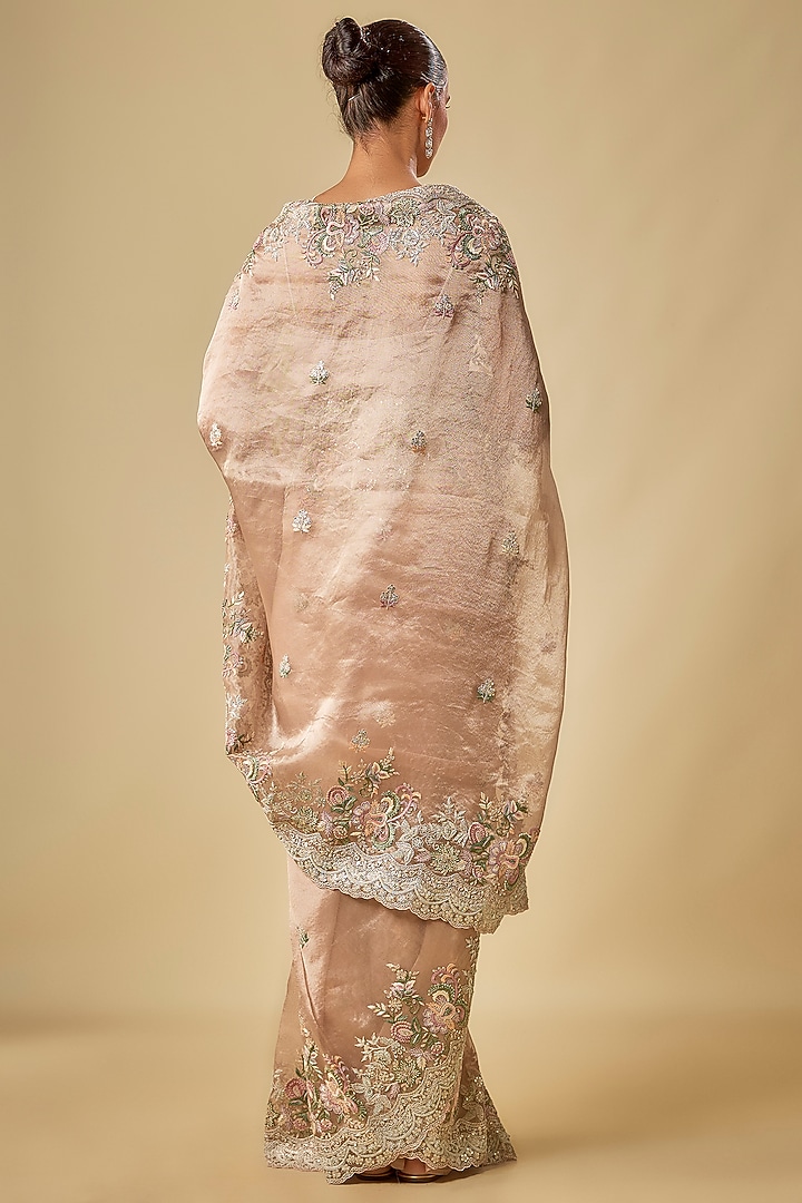Peach Tissue Resham & Sequins Embroidered Reception Saree Set by Kalighata at Pernia's Pop Up Shop