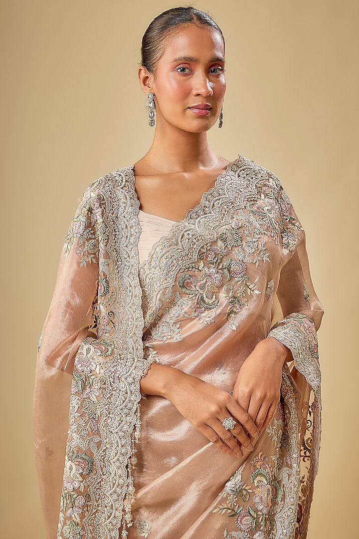 Peach Tissue Resham & Sequins Embroidered Reception Saree Set by Kalighata at Pernia's Pop Up Shop