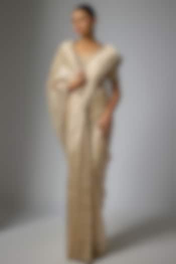 Ivory Banarasi Machine Embroidered Wedding Saree Set by Kalighata at Pernia's Pop Up Shop