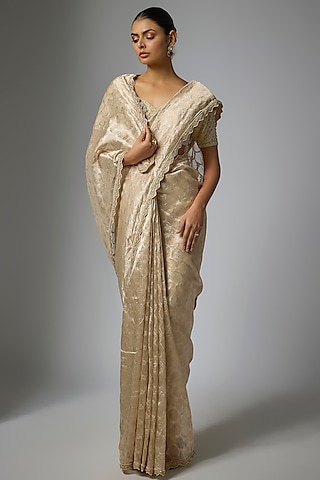 Ivory Banarasi Machine Embroidered Saree Set by Kalighata