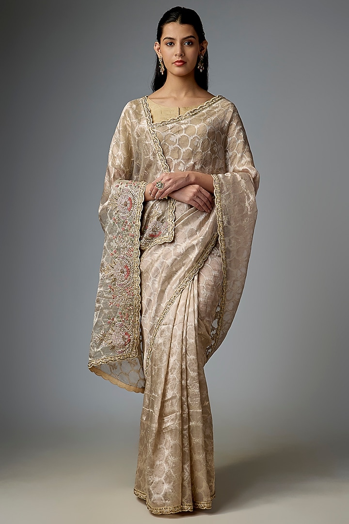 Gold Viscose Organza Sequin Embroidered Reception Saree Set by Kalighata at Pernia's Pop Up Shop