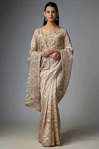 Gold Viscose Organza Sequin Embroidered Saree Set by Kalighata