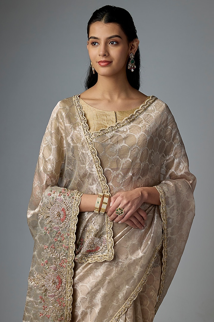 Gold Viscose Organza Sequin Embroidered Reception Saree Set by Kalighata at Pernia's Pop Up Shop