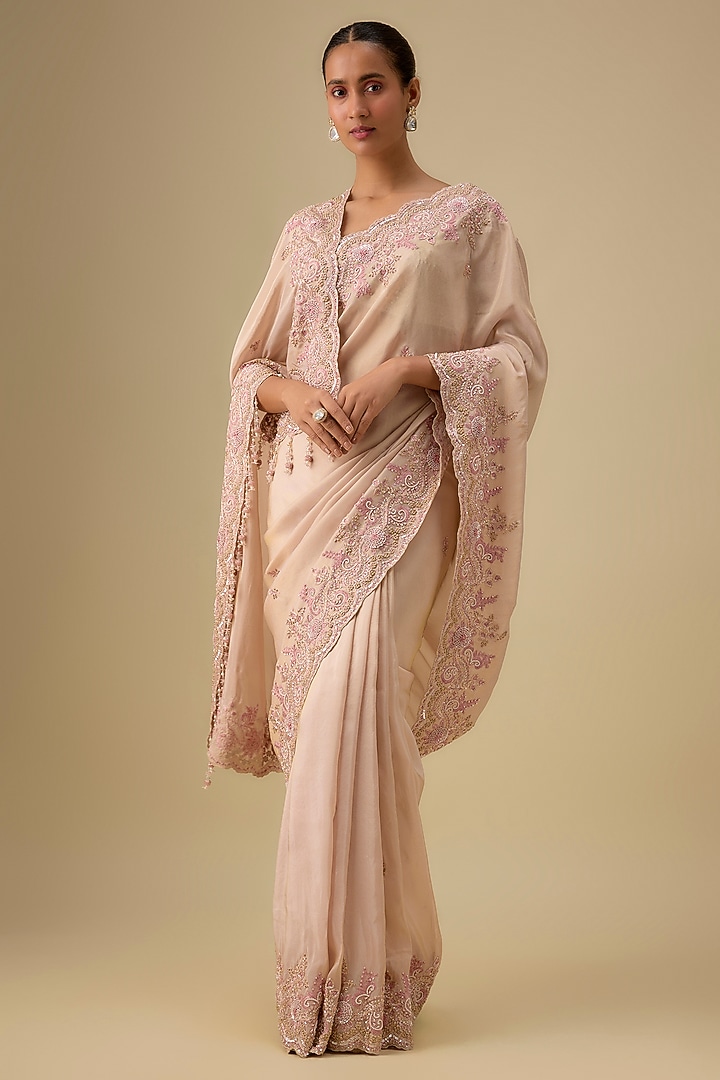 Peach Tissue Hand & Machine Embroidered Reception Saree Set by Kalighata at Pernia's Pop Up Shop