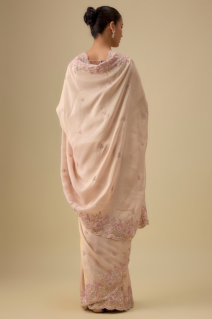 Peach Tissue Hand & Machine Embroidered Reception Saree Set by Kalighata at Pernia's Pop Up Shop