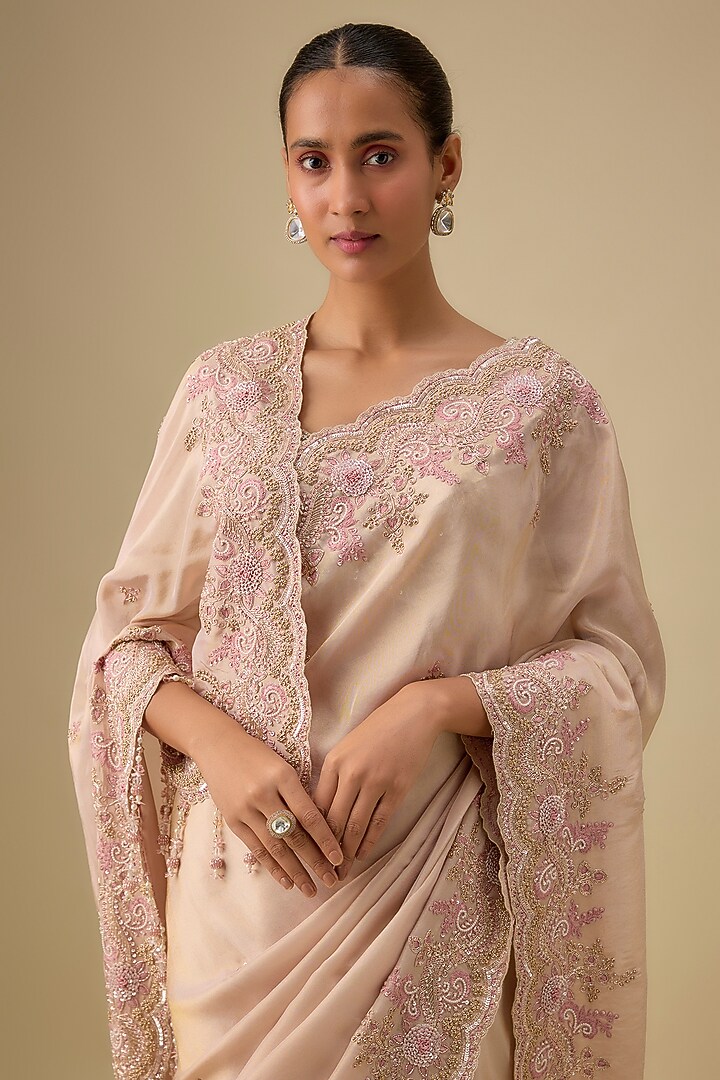 Peach Tissue Hand & Machine Embroidered Reception Saree Set by Kalighata at Pernia's Pop Up Shop