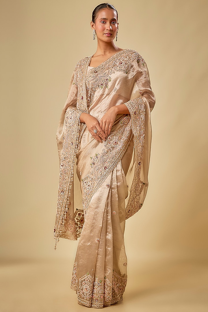 Gold Tissue Hand & Machine Embroidered Bridal Saree Set by Kalighata at Pernia's Pop Up Shop