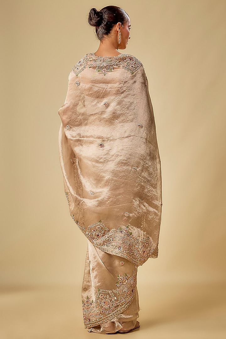 Gold Tissue Hand & Machine Embroidered Bridal Saree Set by Kalighata at Pernia's Pop Up Shop