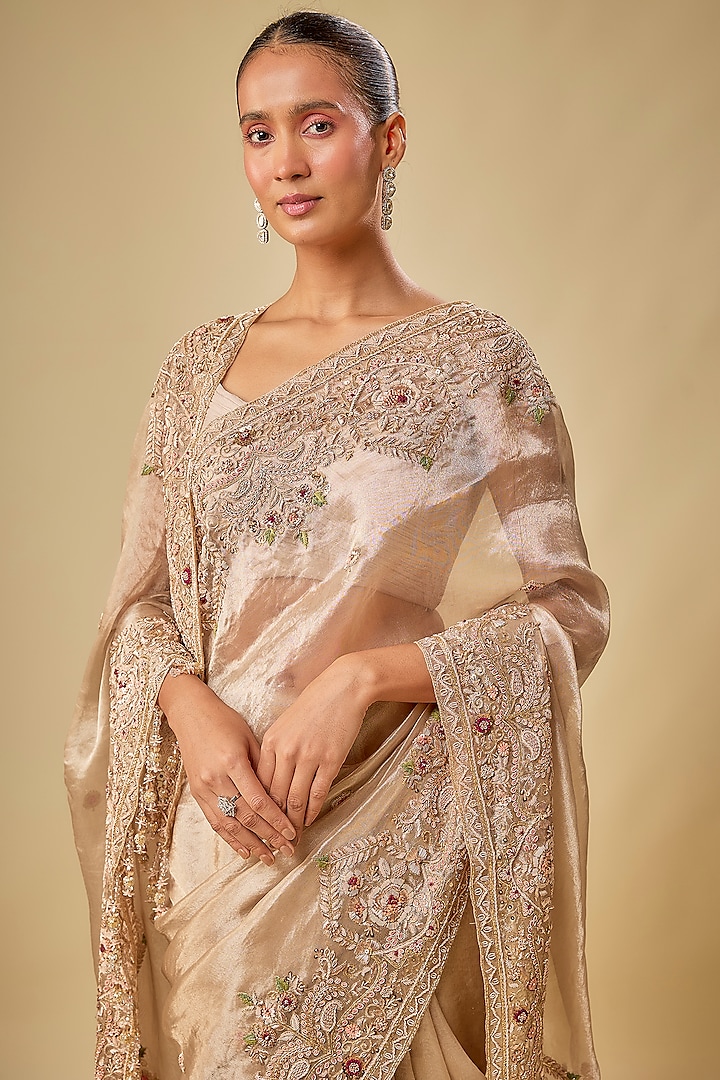 Gold Tissue Hand & Machine Embroidered Bridal Saree Set by Kalighata at Pernia's Pop Up Shop