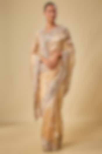 Gold Tissue Hand & Machine Embroidered Bridal Saree Set by Kalighata at Pernia's Pop Up Shop