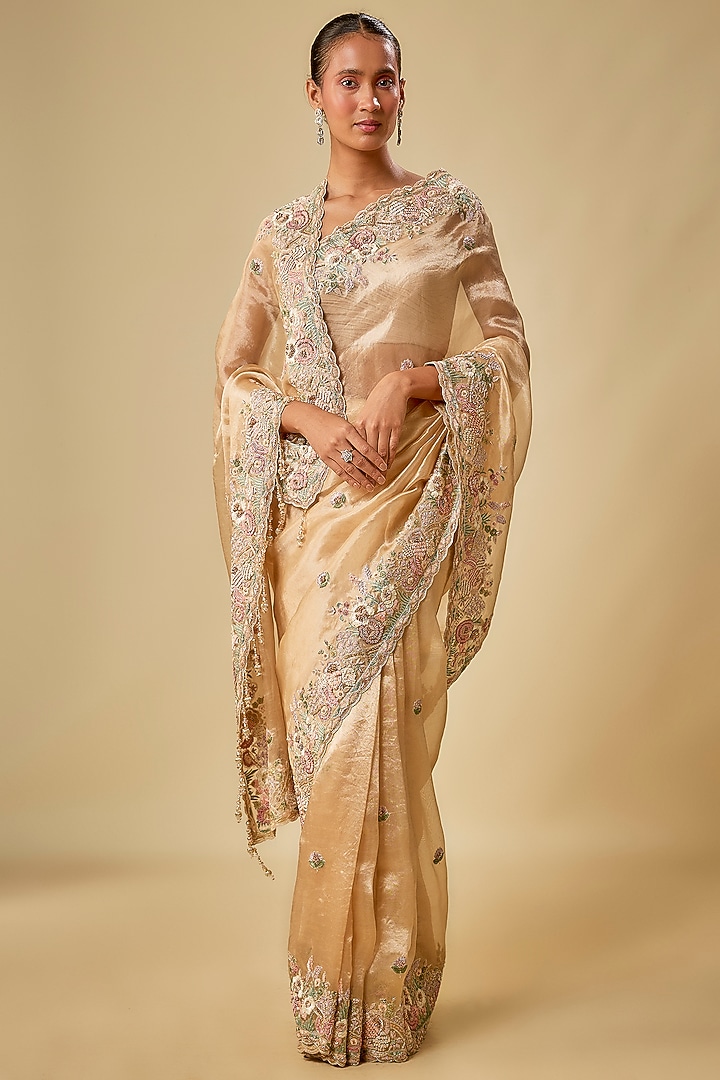 Gold Tissue Hand & Machine Embroidered Bridal Saree Set by Kalighata at Pernia's Pop Up Shop