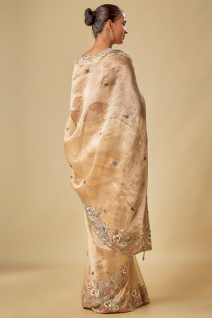 Gold Tissue Hand & Machine Embroidered Bridal Saree Set by Kalighata at Pernia's Pop Up Shop