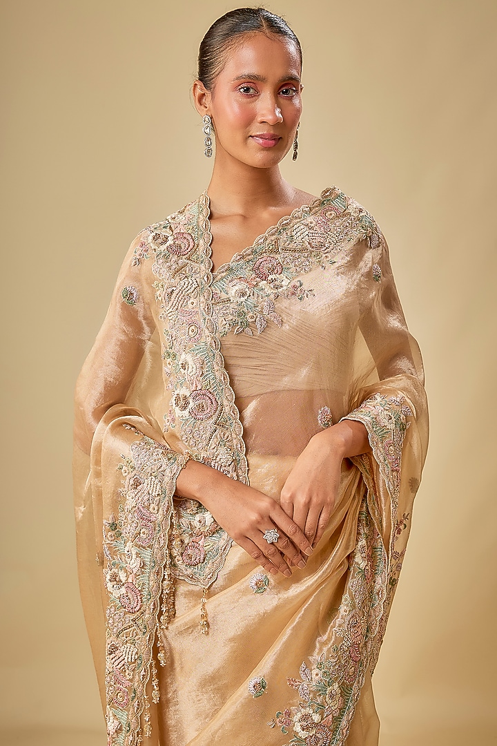 Gold Tissue Hand & Machine Embroidered Bridal Saree Set by Kalighata at Pernia's Pop Up Shop