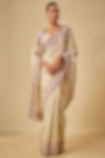 Gold Tissue Hand & Machine Embroidered Reception Saree Set by Kalighata at Pernia's Pop Up Shop