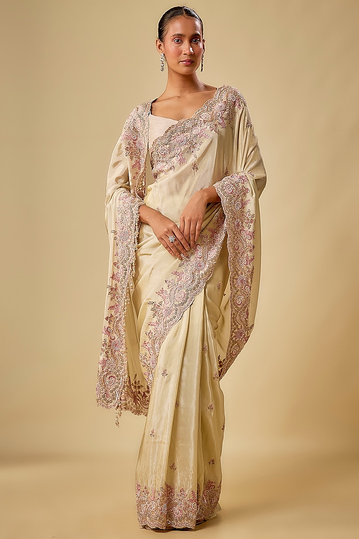 Gold Tissue Hand & Machine Embroidered Reception Saree Set by Kalighata at Pernia's Pop Up Shop