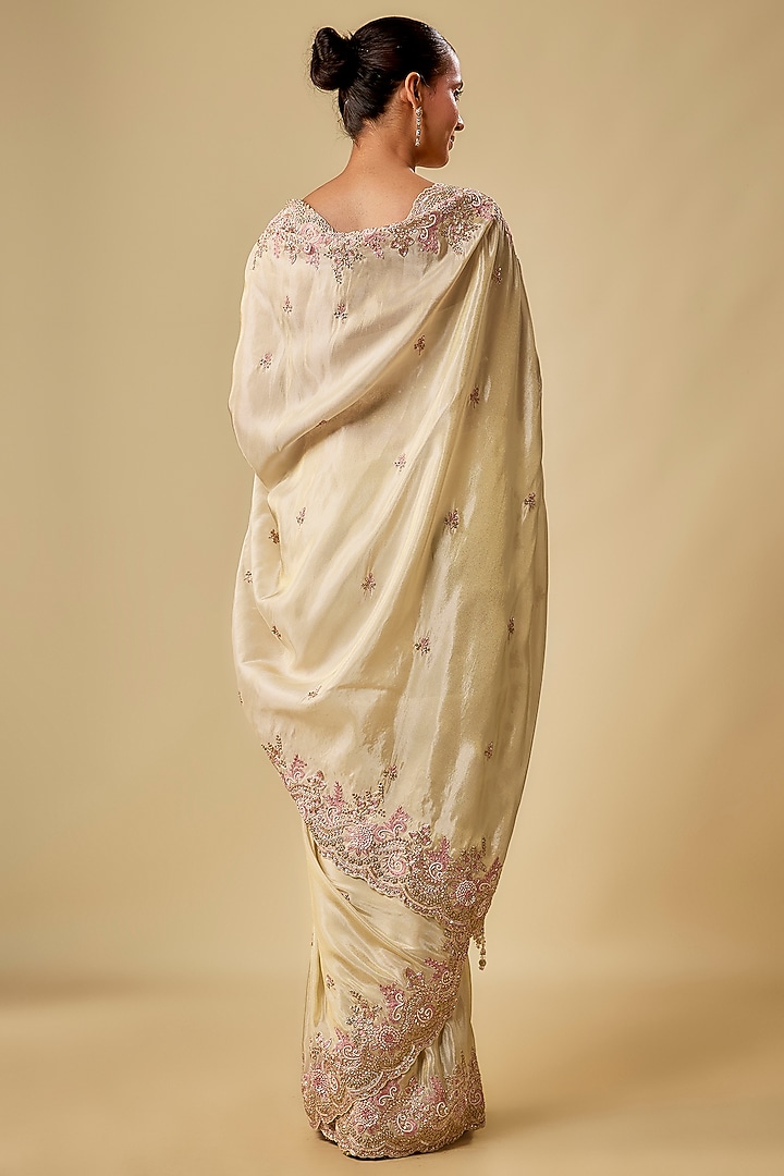 Gold Tissue Hand & Machine Embroidered Reception Saree Set by Kalighata at Pernia's Pop Up Shop