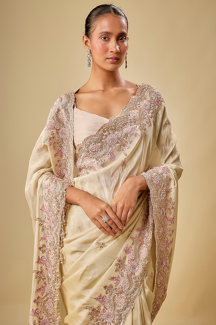 Gold Tissue Hand & Machine Embroidered Reception Saree Set by Kalighata at Pernia's Pop Up Shop