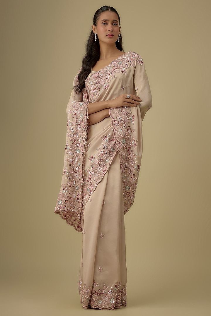 Gold Tissue Hand & Machine Embroidered Reception Saree Set by Kalighata at Pernia's Pop Up Shop