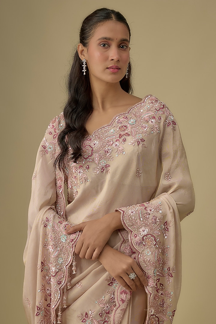 Gold Tissue Hand & Machine Embroidered Reception Saree Set by Kalighata at Pernia's Pop Up Shop